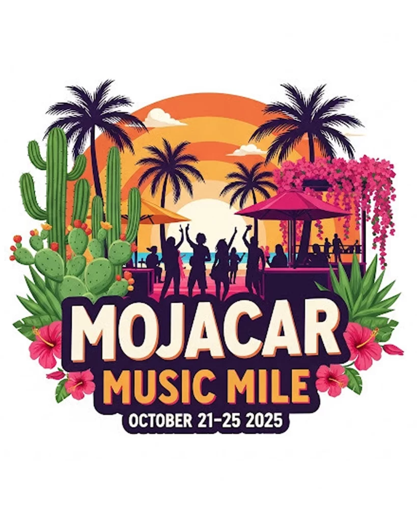 mojacar music mile logo. cartoonmit palmen und beachparty 