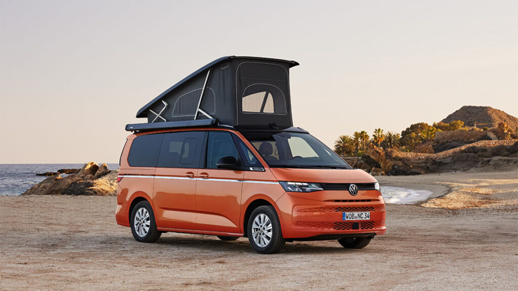 VW California Beach parked with pop top open