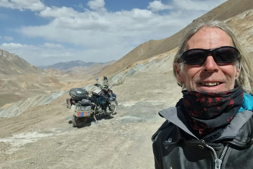 Graham Field in the middle of nowhere ... mountains, motorcycle in the background