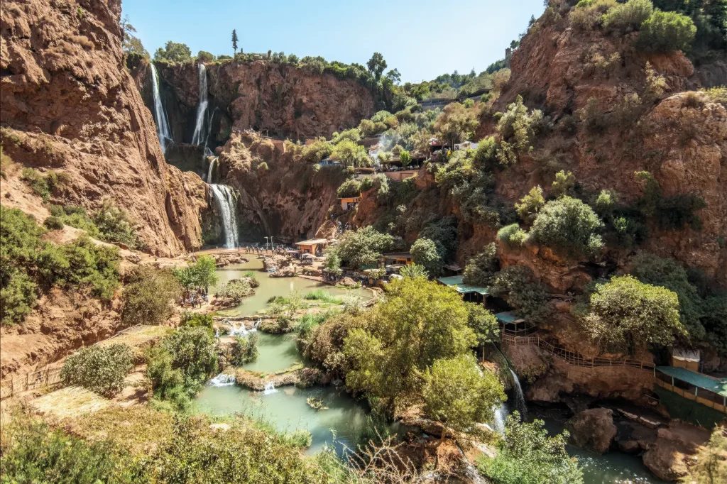 Ouzoud Falls cascading through a rocky gorge in Morocco’s High Atlas.