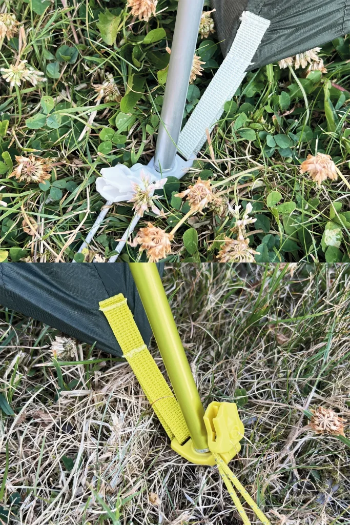 Farbcodierte Stangenenden, Gurtbänder und Eckbeschläge am Big Agnes Crag Lake SL2, die den Aufbau erleichtern.