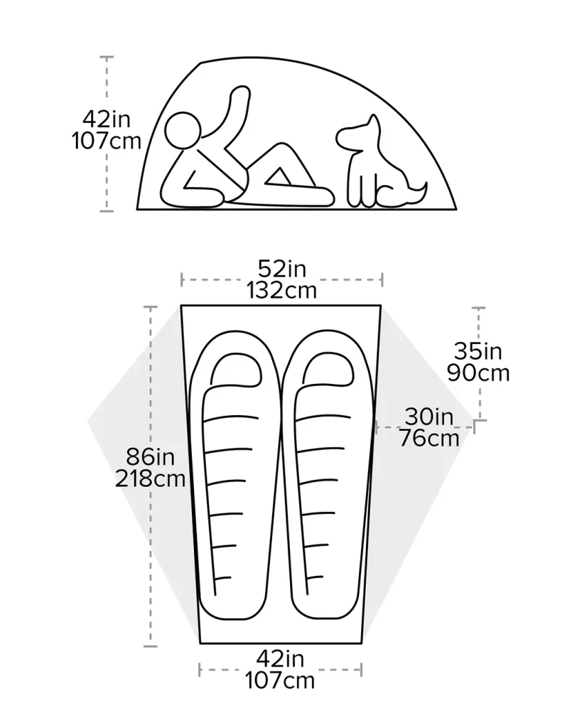 Schaubild mit den Innenmaßen des Big Agnes Crag Lake SL2, einschließlich Liegefläche, Breite und einer maximalen Innenhöhe von 107 Zentimetern.