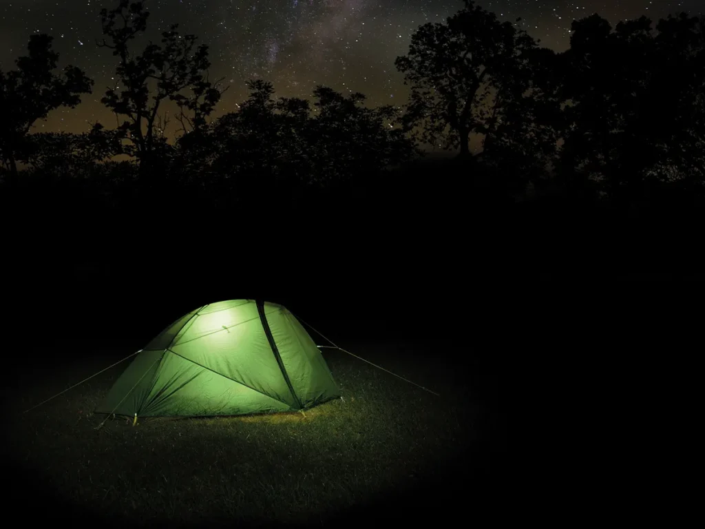 Big Agnes Crag Lake SL2, nachts beleuchtet unter einem sternenklaren Himmel in einem sommerlichen Wald.