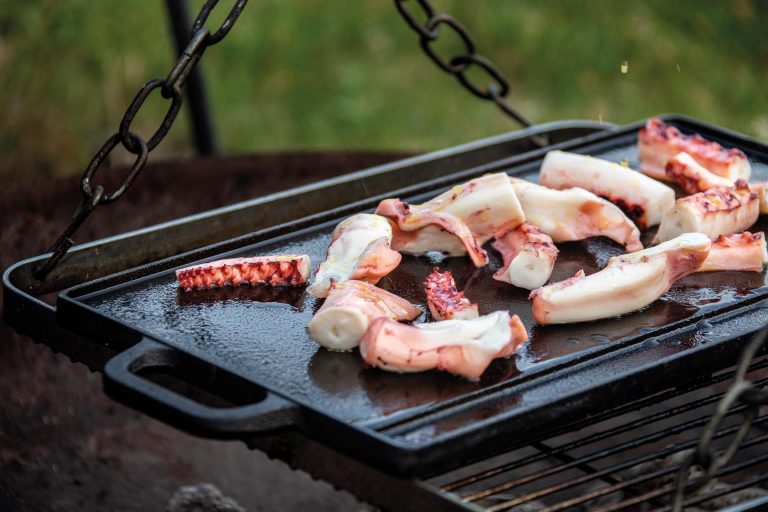 Octopus tentacles cooking on a cast-iron plancha over an outdoor fire.