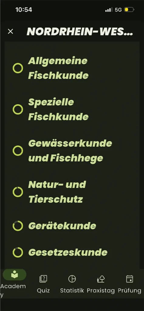 Fishing King app menu showing study modules for fish biology, waterways, conservation, equipment and fishing law.
