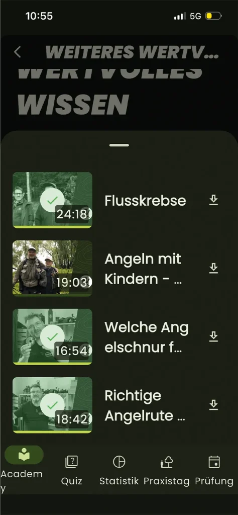 Fishing King app video library with lessons on crayfish, fishing with children, fishing line and choosing the correct rod.