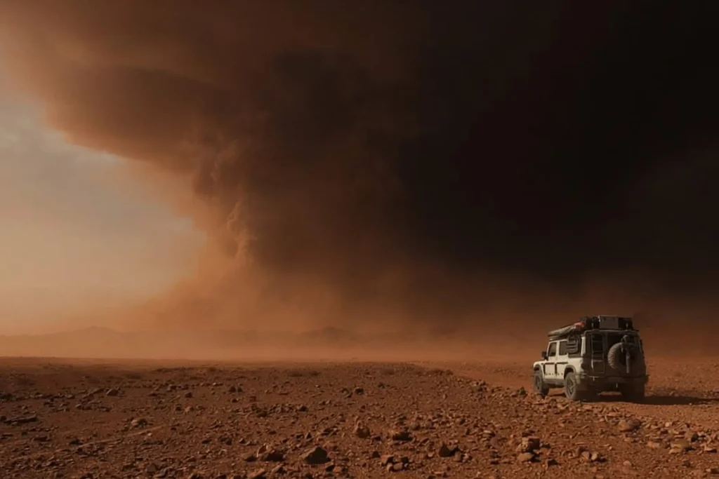 INEOS Grenadier approaching a haboob during remote expedition travel where independent vehicle diagnostics become essential.