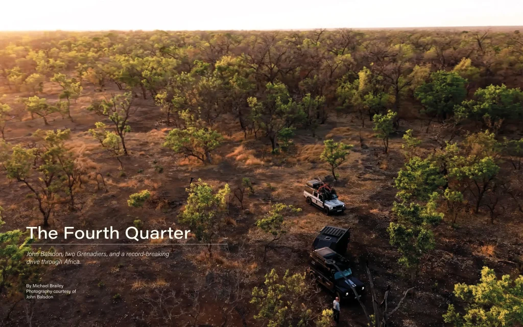 double page spread of magazine with 2 vehicles in the african wilderness